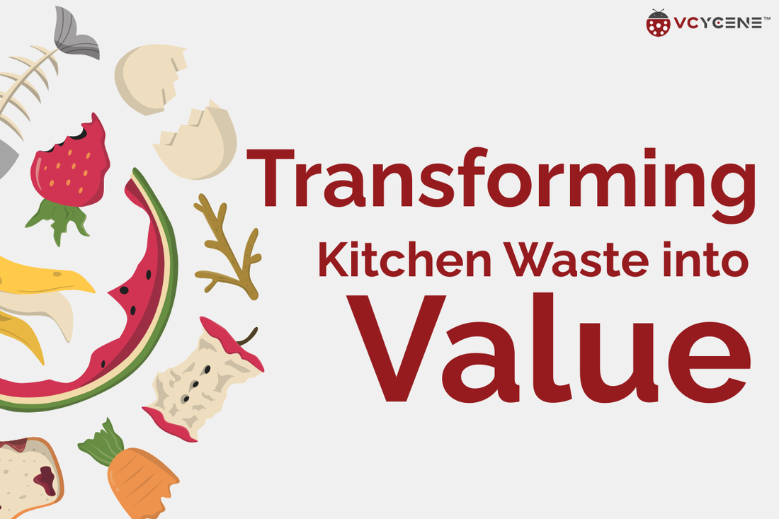 Cartoon style of food scraps arranged around the Transforming Kitchen Waste into Value title to illustrate how LILA Pro composts everyday kitchen waste into compost for a zero waste kitchen