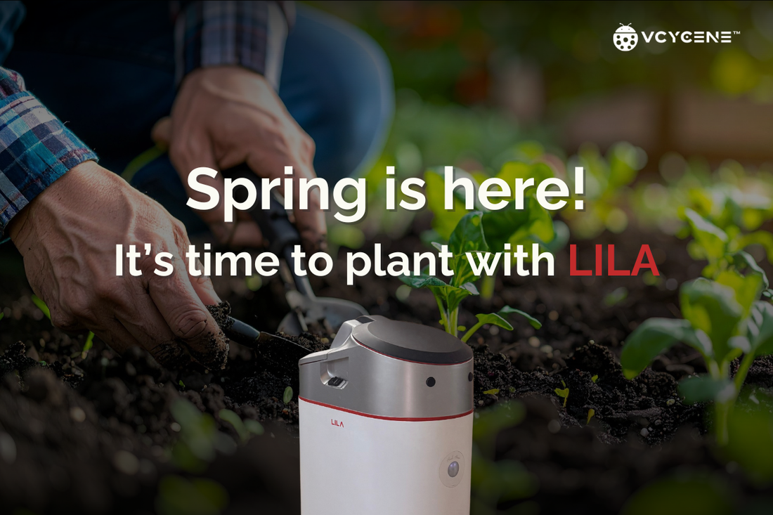 A person gardening with text saying "Spring is here!" and "It's time to plant with LILA" with the VCycene logo at the top right. Answering the question of what to plant in spring and what plants to plant in spring in 2026.
