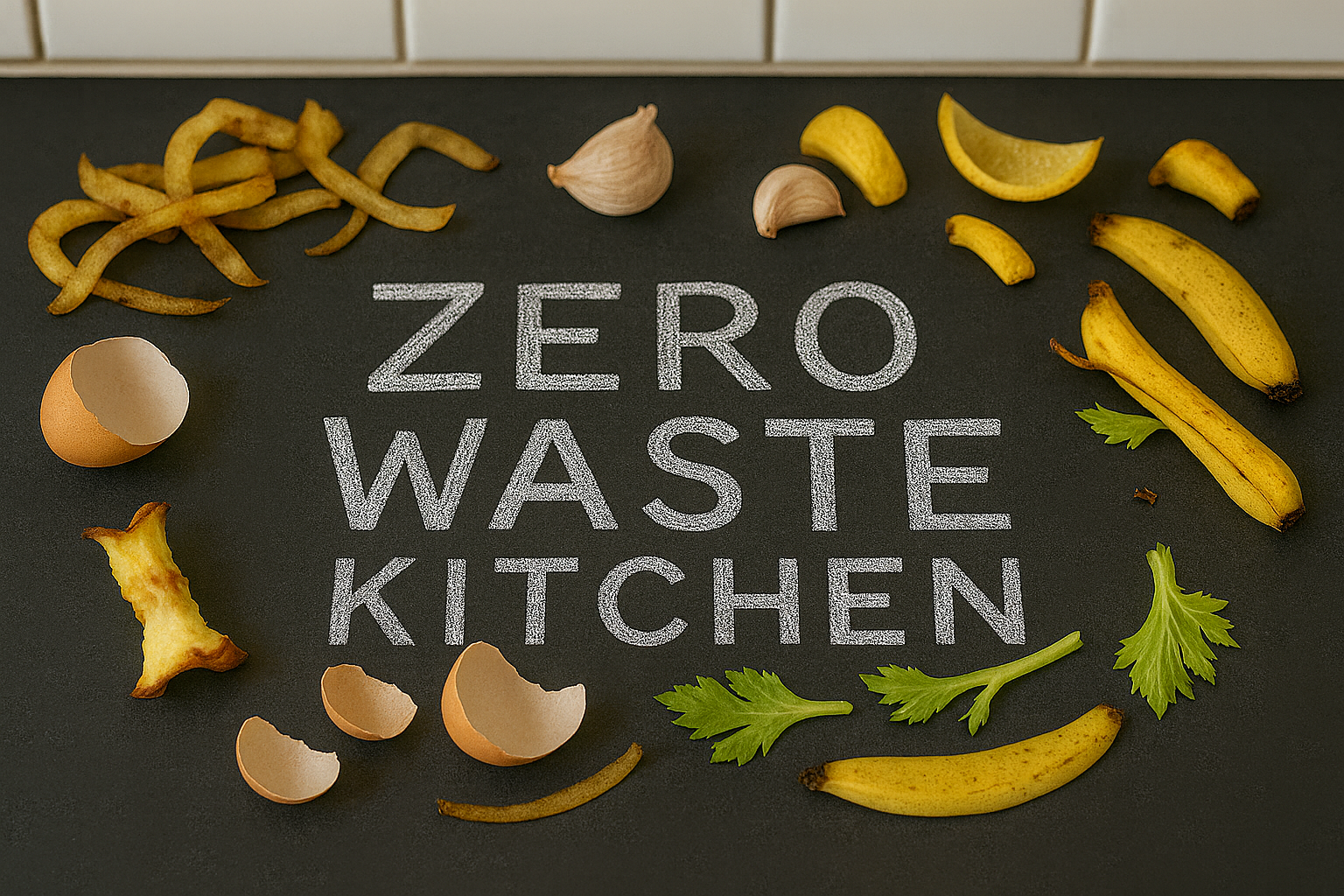 zero waste kitchen on a black chalkboard within a kitchen with food scraps around it representing the food scraps and waste that will go into the smart waste kitchen composter