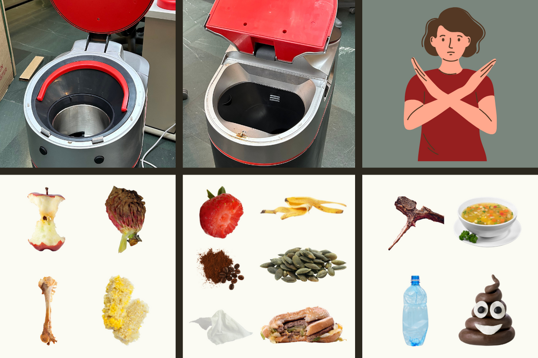 What can go in LILAs front black lid, the back gray lid, and what can and can't LILA eat header image