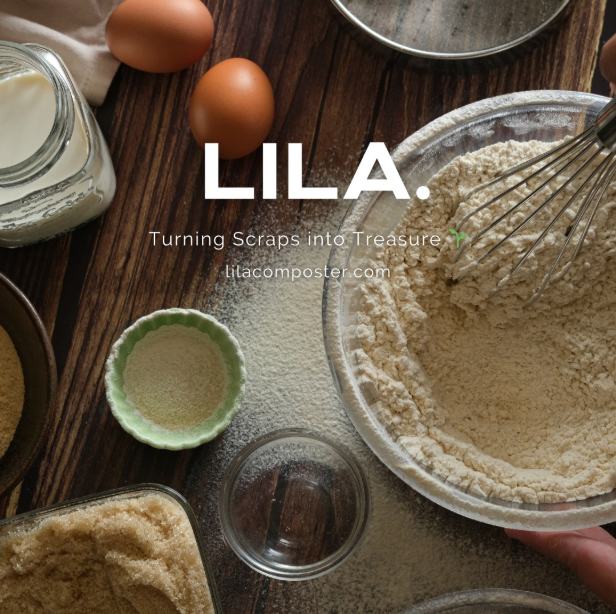 Baking ingredients and kitchen food scraps representing sustainable cooking and food waste reduction with LILA.